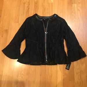 INC BLACK LACE JACKET WITH GOLD ZIPPER AND FAUX LEATHER TRIM, SIZE LARGE, NWT